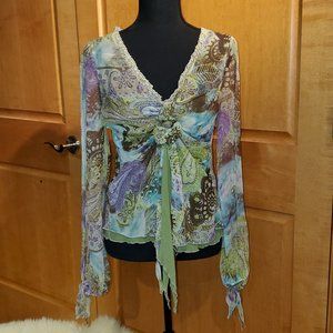 Black Halo silk top with flowy sleeves